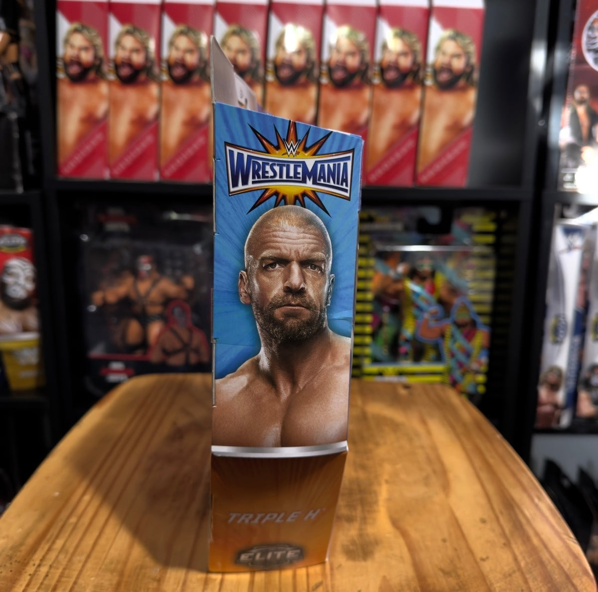 Triple H WrestleMania Elite box side with headshot and Elite logo