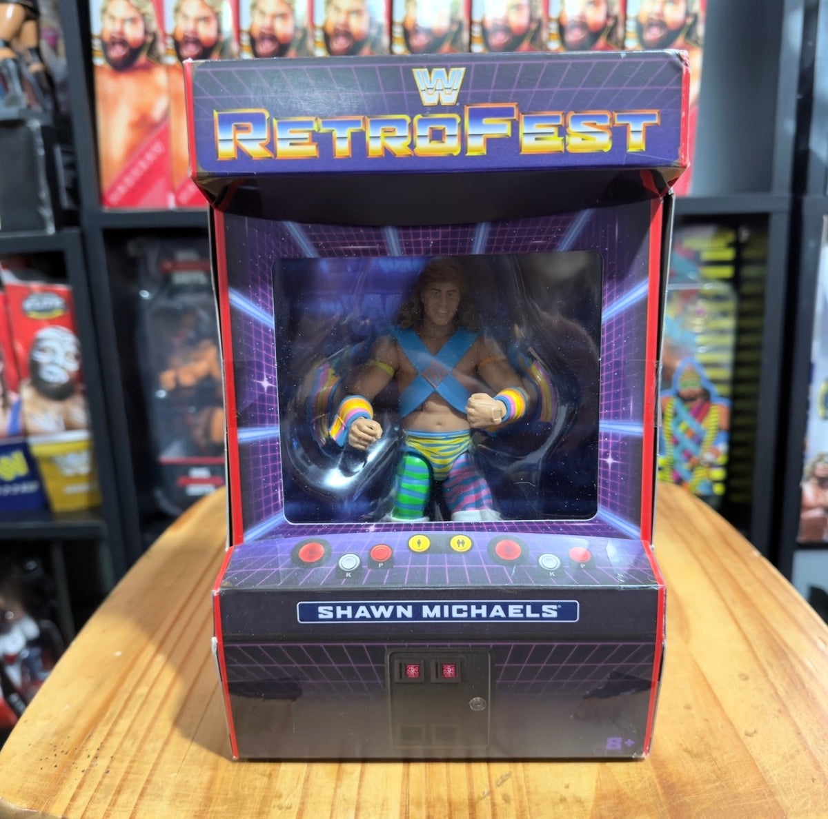 RetroFest figure in window box with Shawn Michaels in blue and green outfit