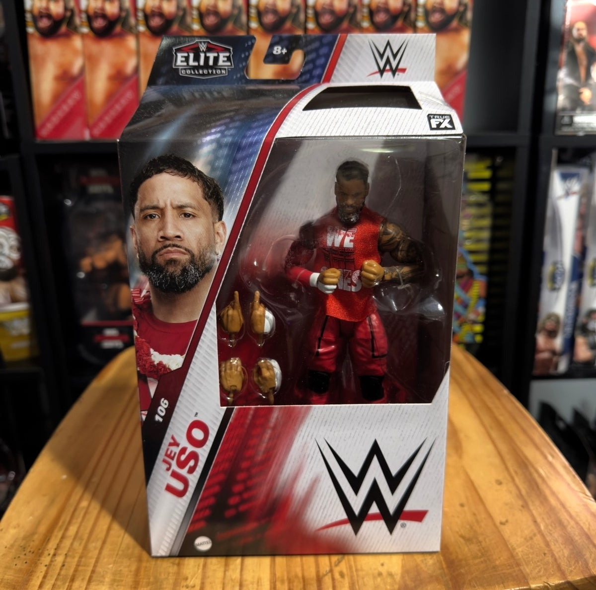 Jey Uso WWE Elite Collection 106 action figure box, window showing Jey Uso in red gear