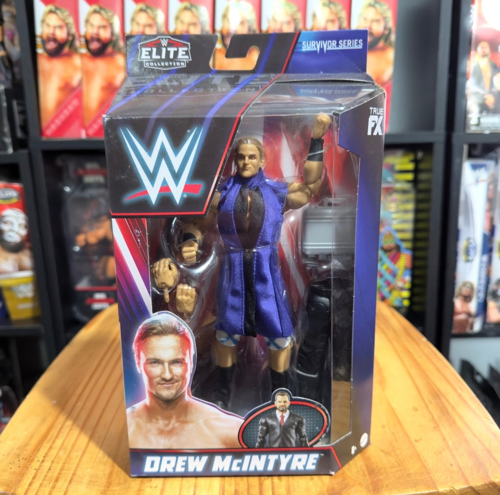 WWE Elite action figure box showing Drew McIntyre in blue ring gear and logos