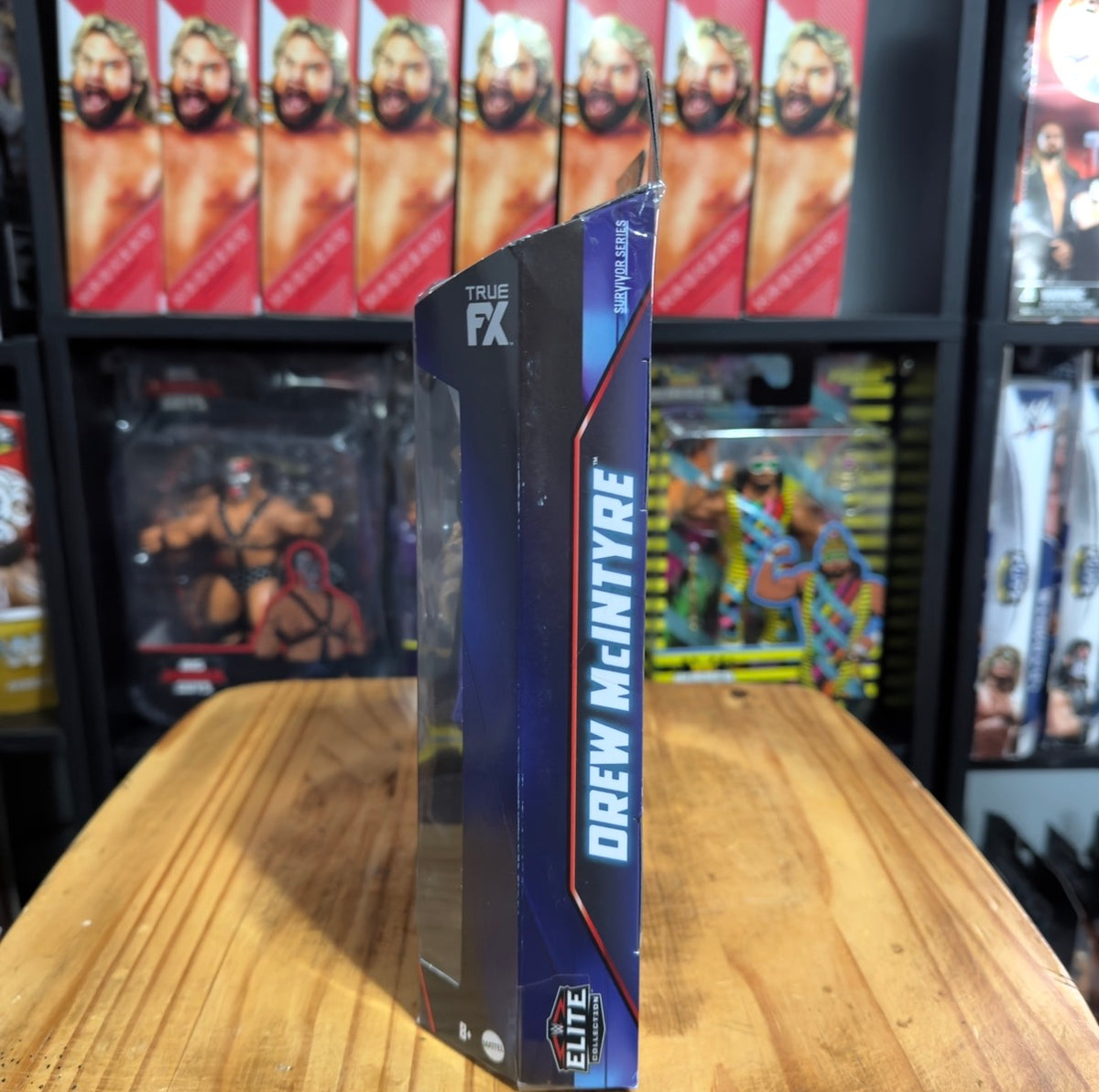 WWE Elite action figure package side with True FX branding and Drew McIntyre text