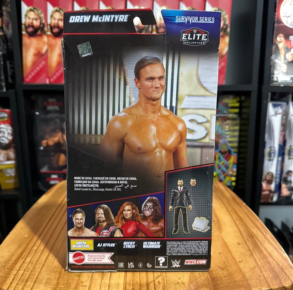 WWE Elite action figure box back with Drew McIntyre figure art and feature icons