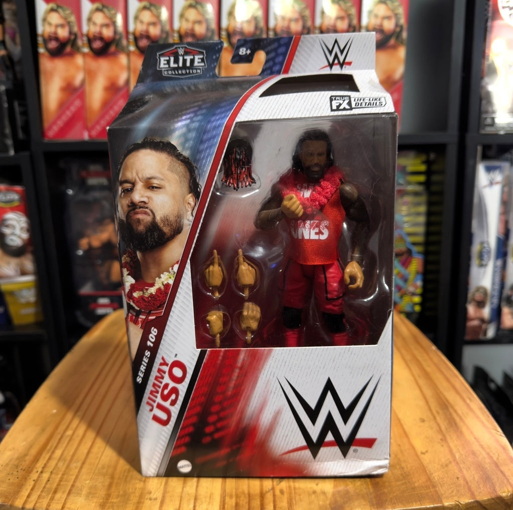 WWE Elite action figure box with window showing a wrestler in a red shirt