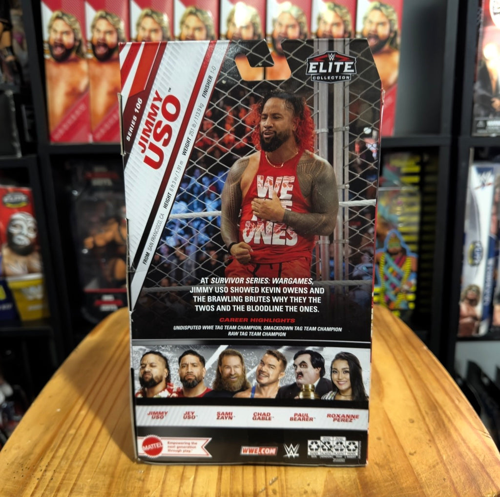 WWE Elite action figure box back, text panel and wrestler lineup artwork
