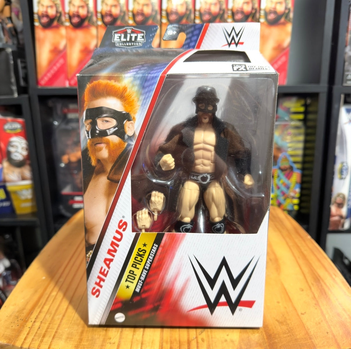 WWE Elite action figure box with Sheamus wrestler figure in clear front window