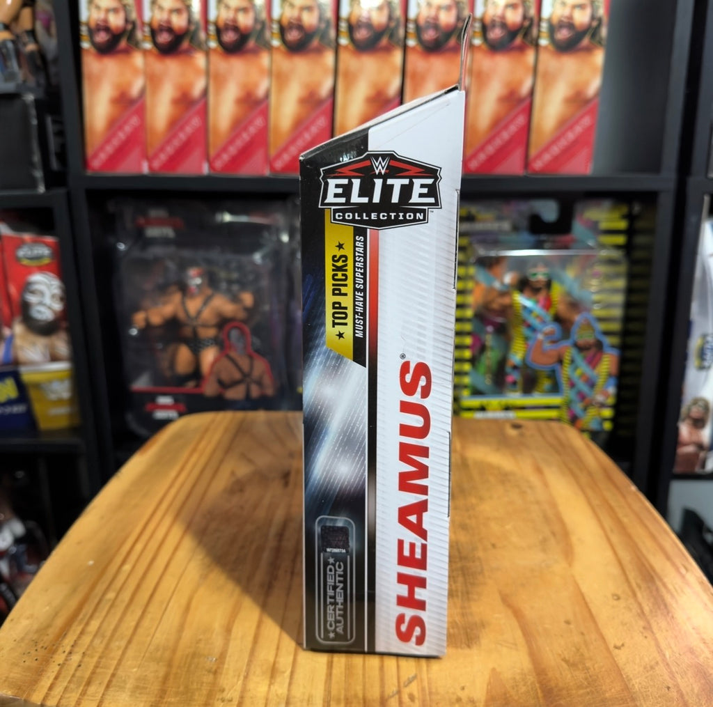 WWE Elite action figure box side with Sheamus vertical label and Elite logo