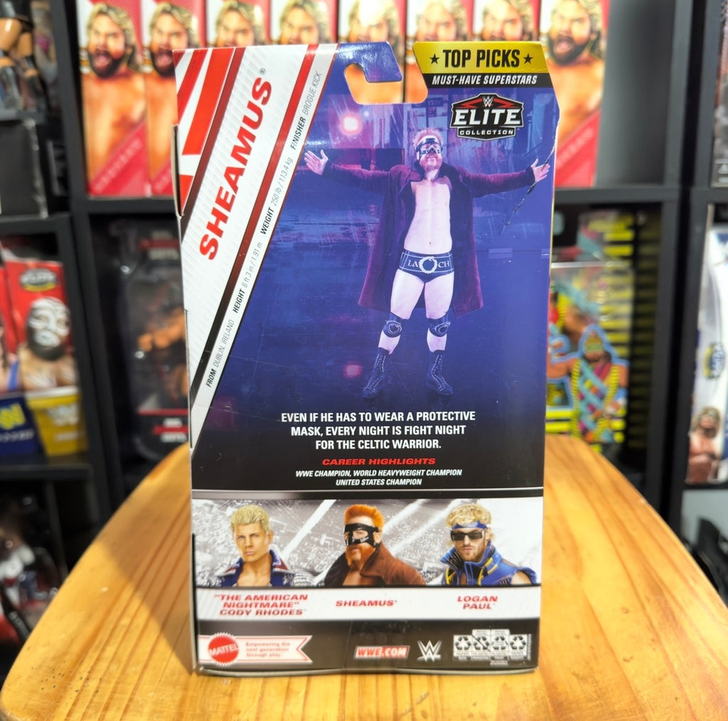 WWE Elite action figure box back with Sheamus character artwork and product text