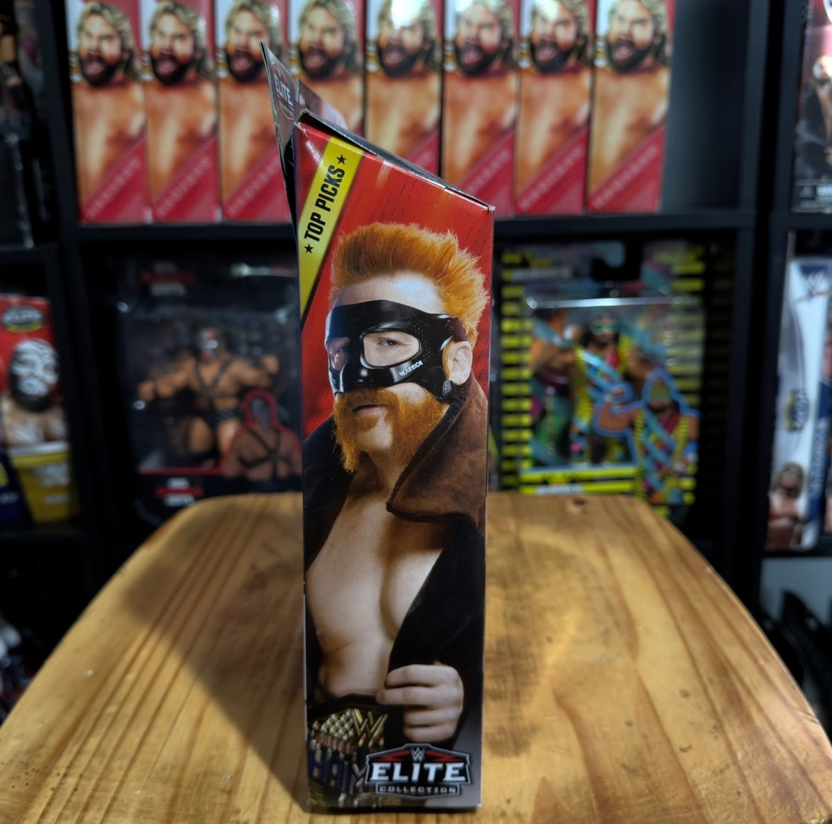 WWE Elite action figure box with Sheamus portrait and Top Picks badge