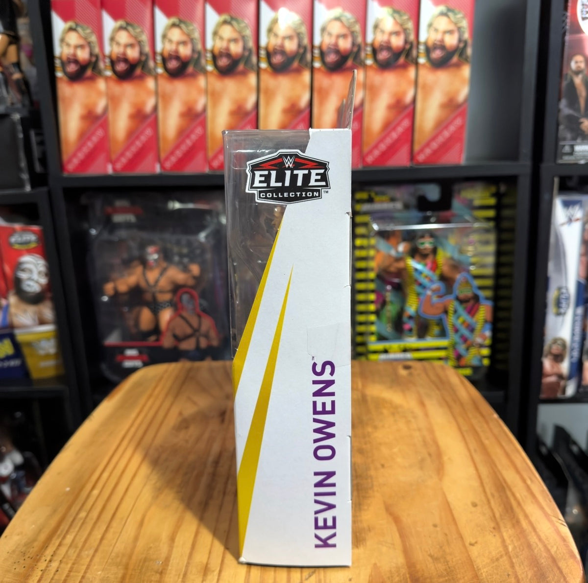 WWE Elite Collection box side panel with Kevin Owens name and Elite logo