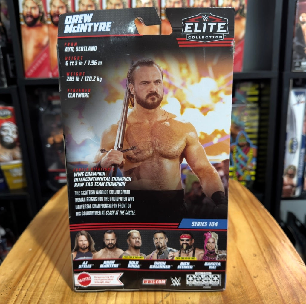 WWE Elite Collection Series 104 Drew McIntyre action figure box back with stats panel