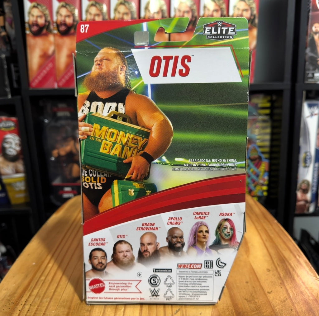 WWE Elite Collection action figure box front with Otis branding and character artwork