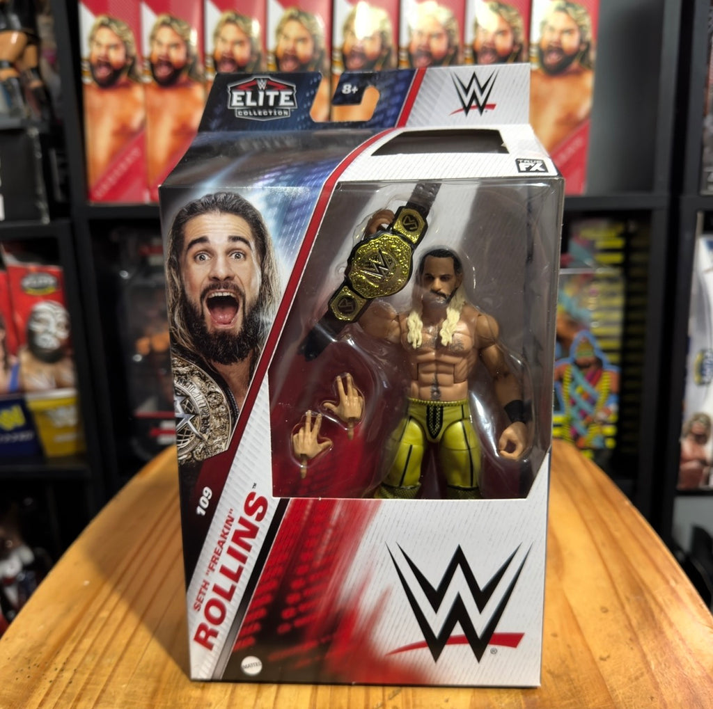WWE Elite Collection action figure window box featuring Seth Rollins with raised hands