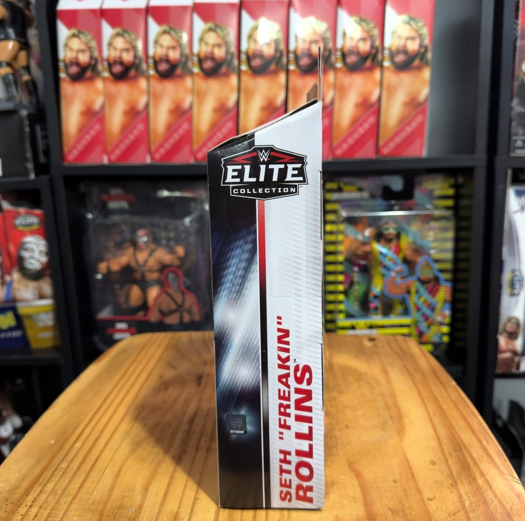 WWE Elite Collection box side with vertical Seth Rollins Rollins branding