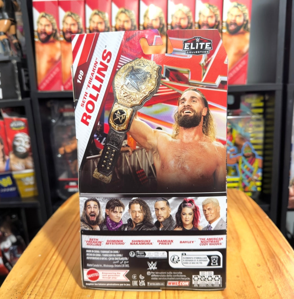 WWE Elite Collection action figure box back with Seth Rollins holding championship belt
