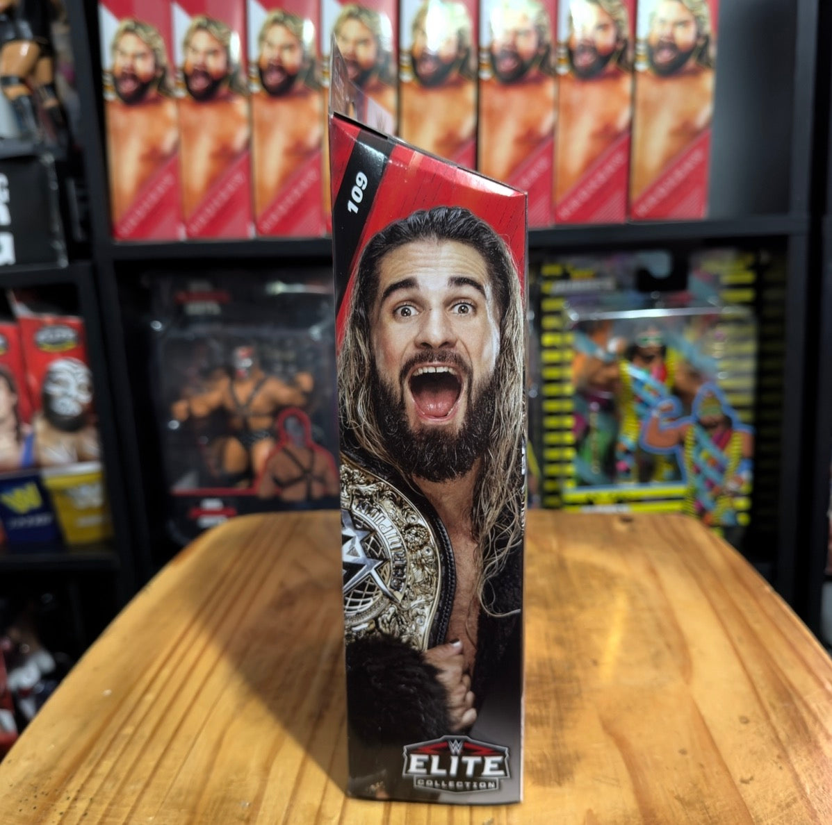 WWE Elite Collection action figure box with Seth Rollins portrait and championship belt