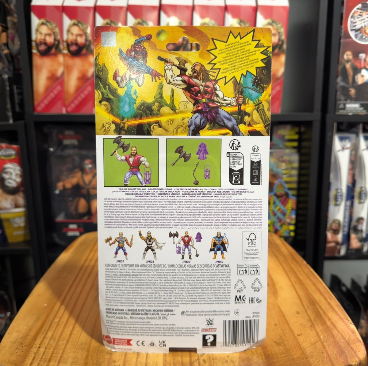 Action figure box back with illustrated character scenes and product label panels