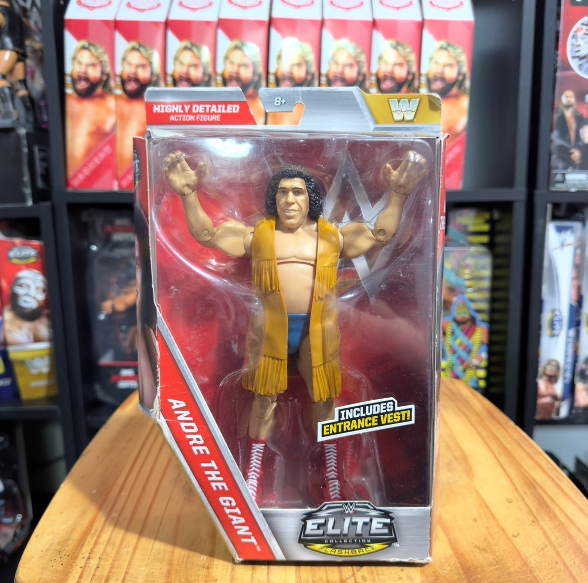 WWE Elite Andre the Giant action figure in retail box, yellow robe, Entrance Vest badge
