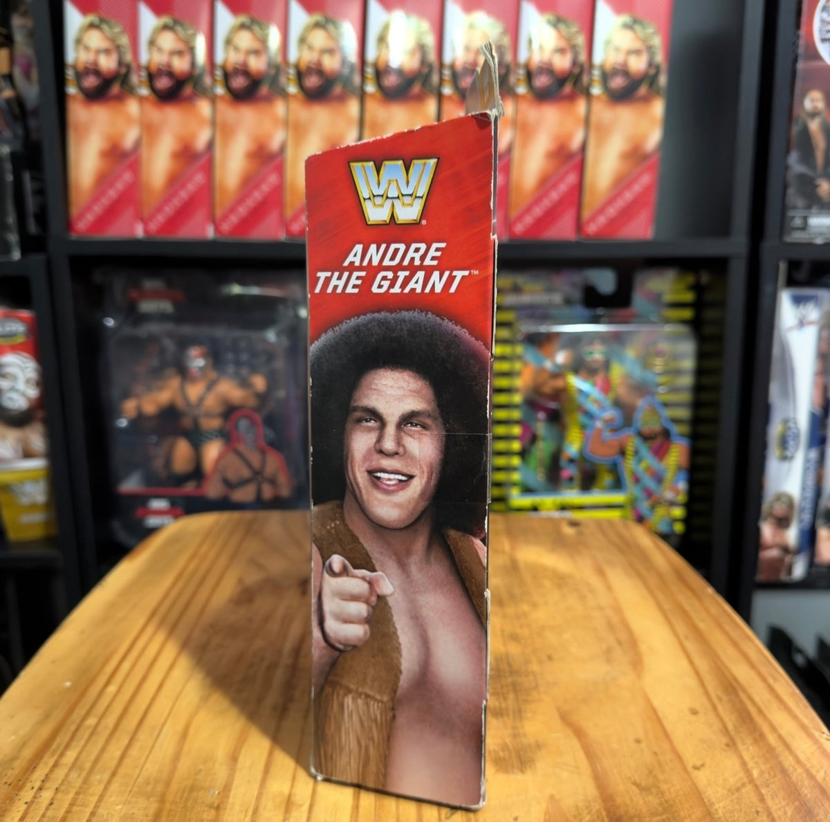 WWE Elite Andre the Giant action figure box side with WWE logo and portrait