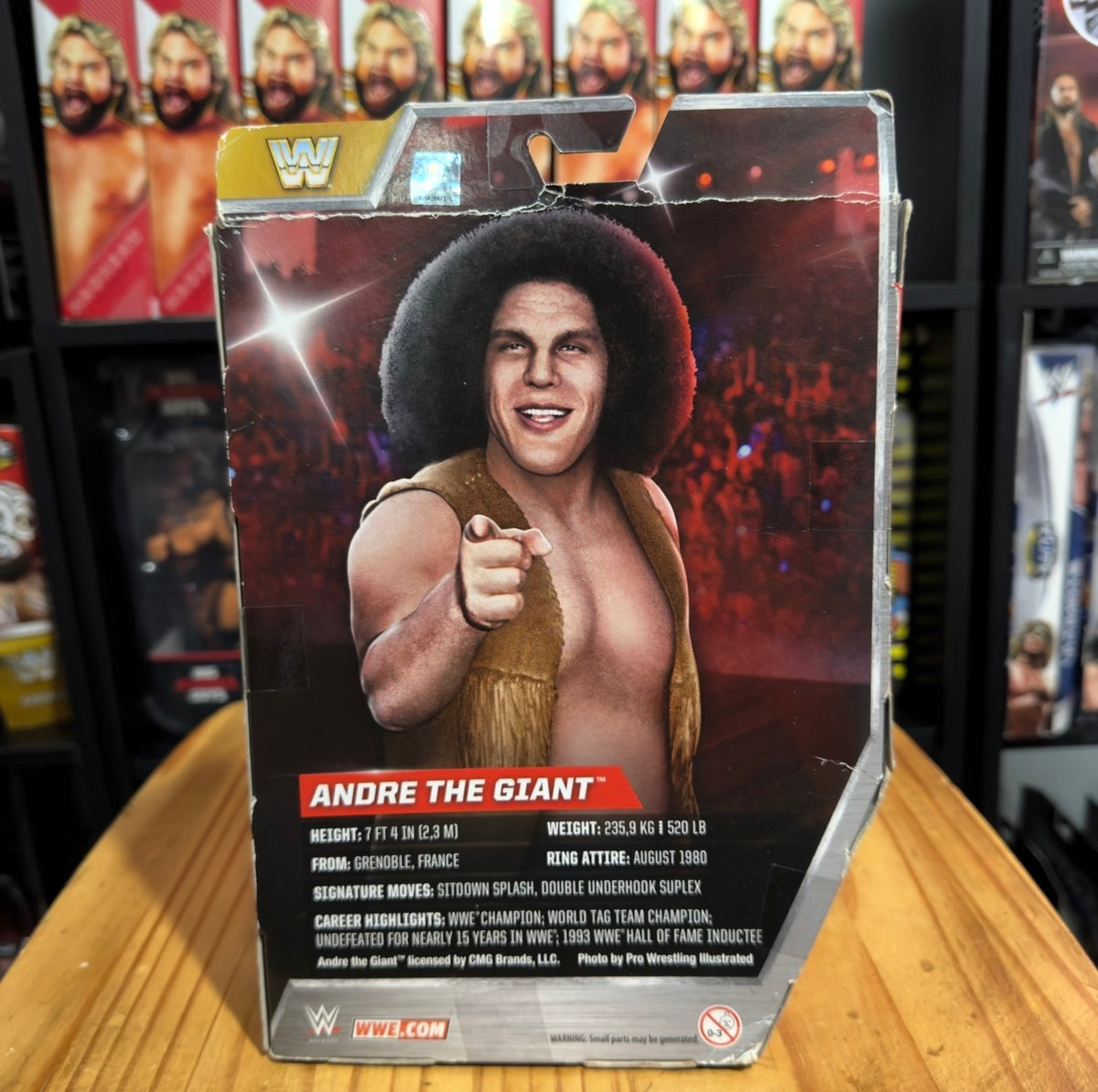 WWE Elite Andre the Giant action figure box back with smiling portrait and detail text