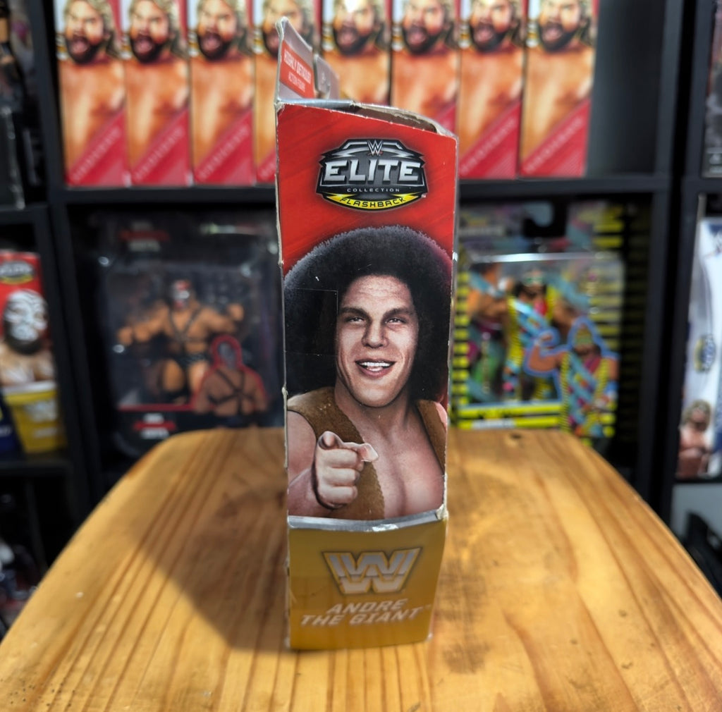 WWE Elite Andre the Giant action figure box side with large portrait and Elite logo