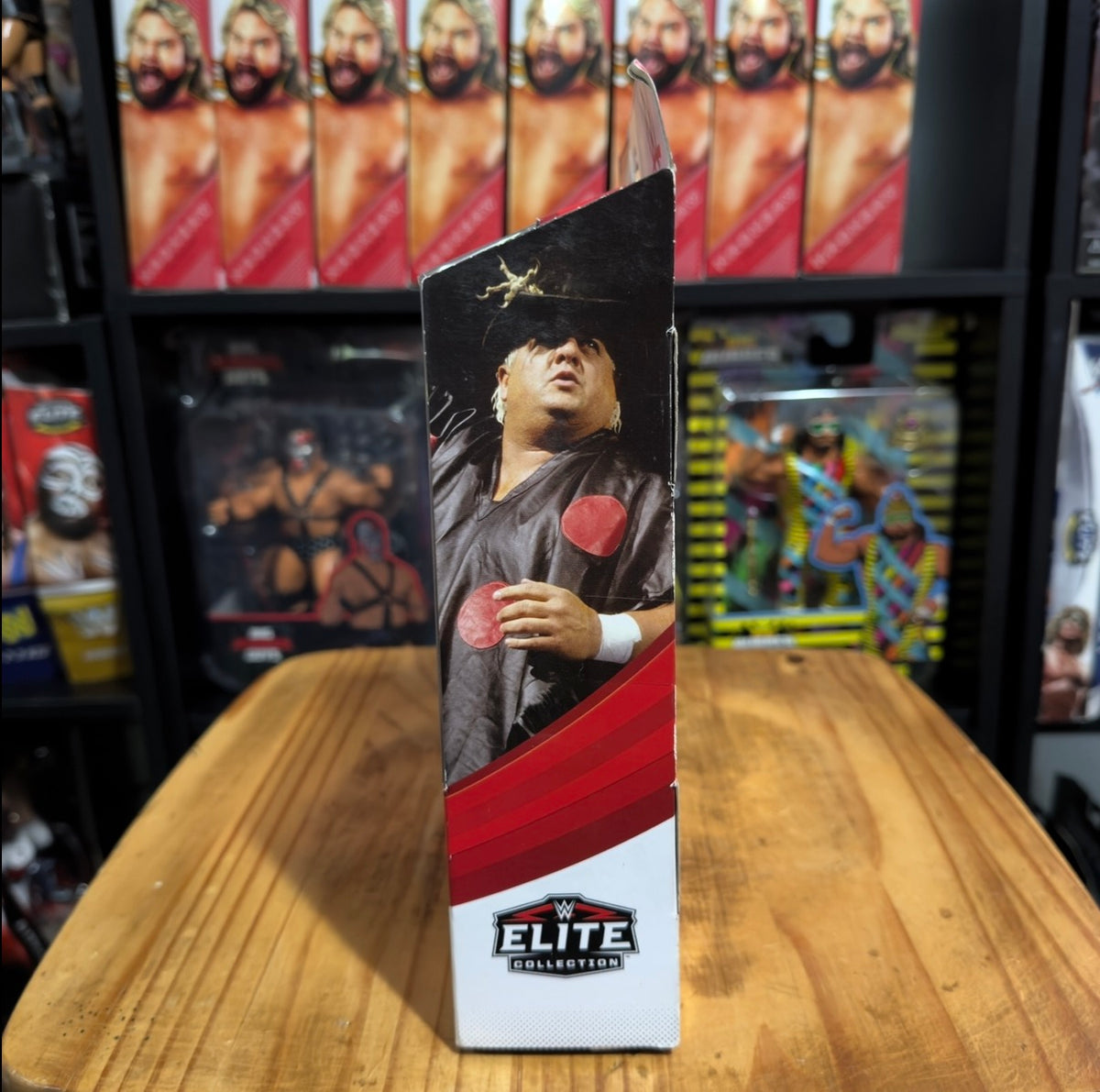 WWE Elite Collection action figure box side panel with Dusty Rhodes photo