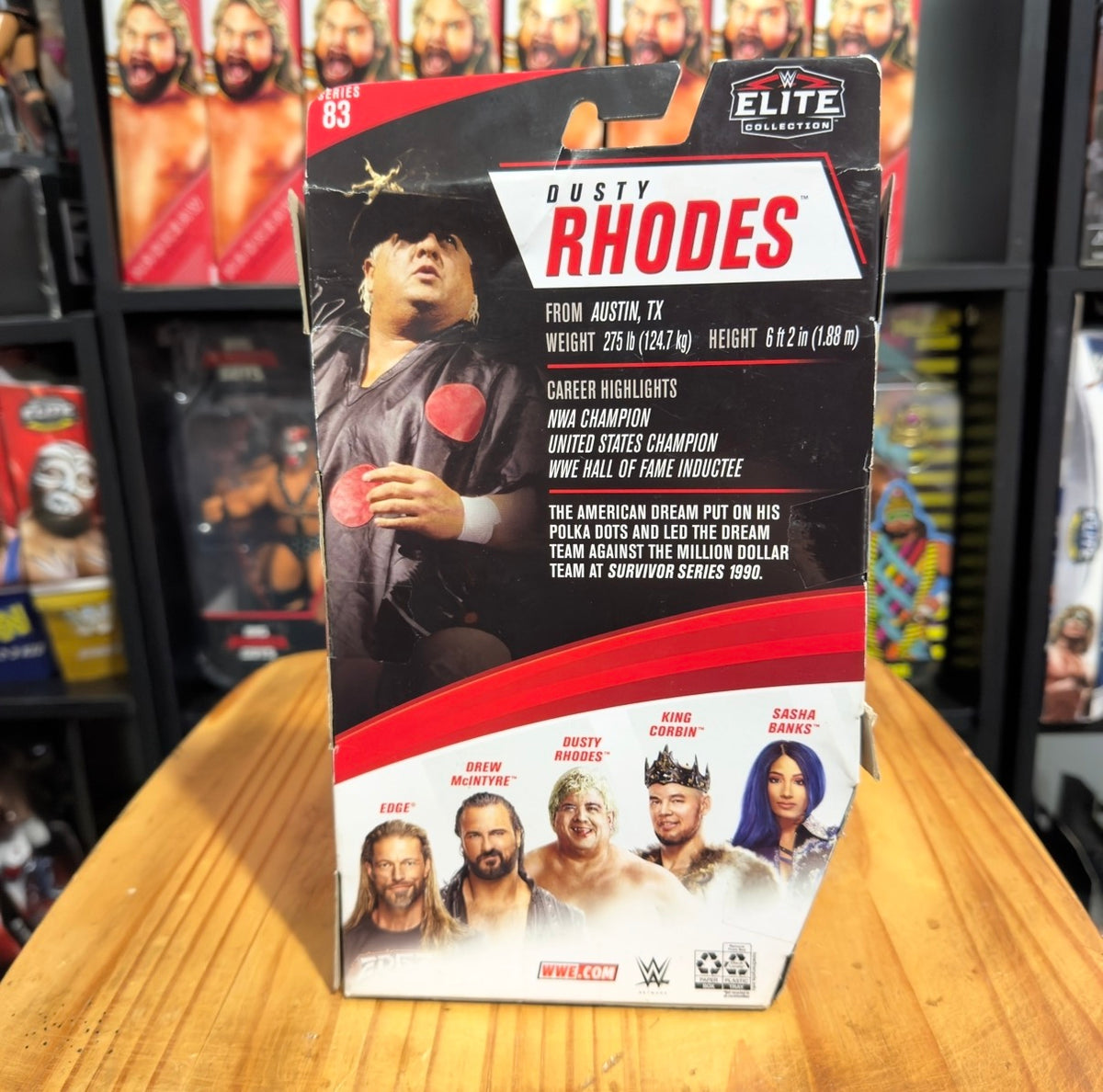WWE Elite Collection Dusty Rhodes character box, back text and career highlights