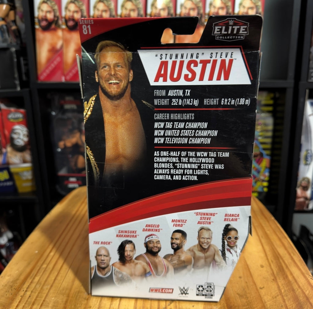 WWE Elite action figure box back with Steve Austin stats and roster images