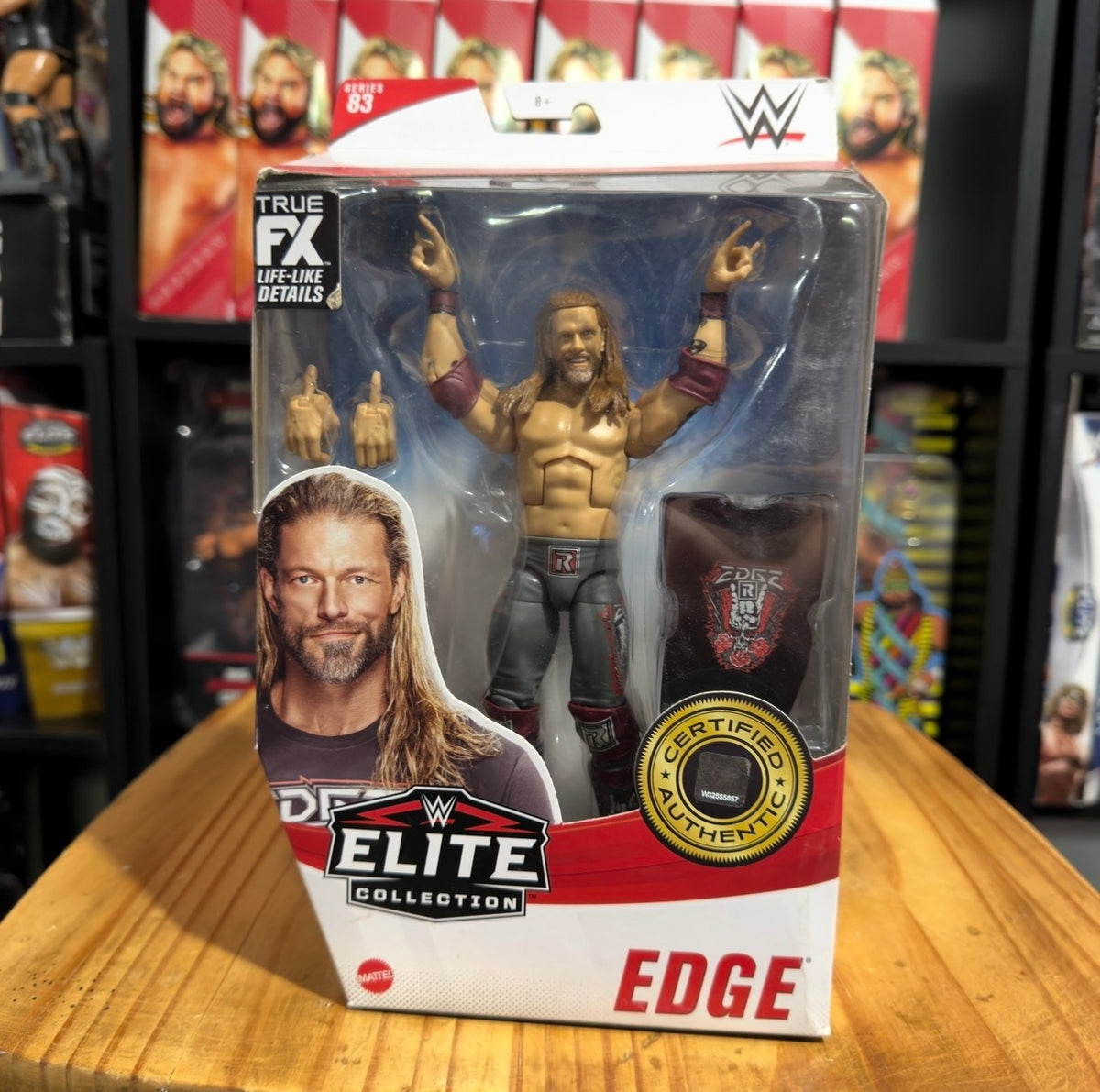 WWE Elite Collection Edge action figure in blister packaging with accessories and label