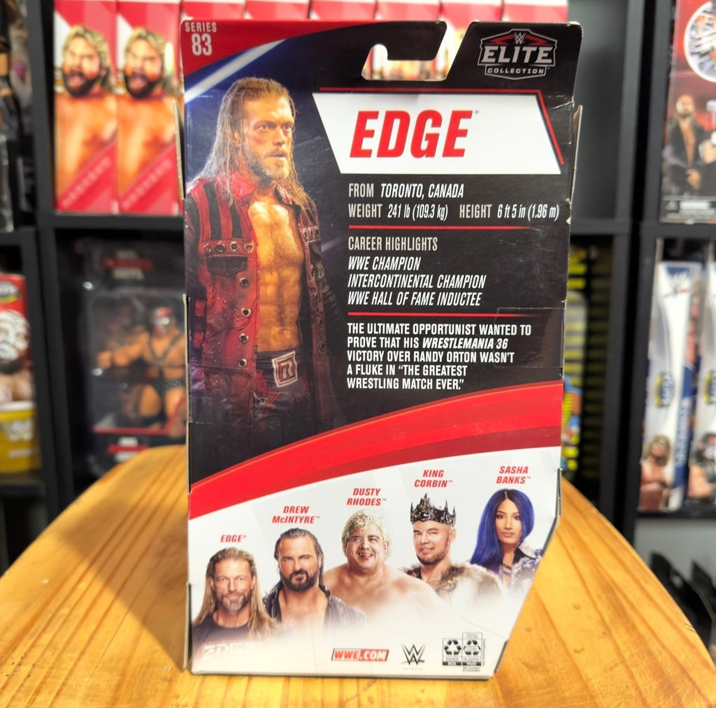 WWE Elite Collection Edge action figure in retail box, with character art and stats
