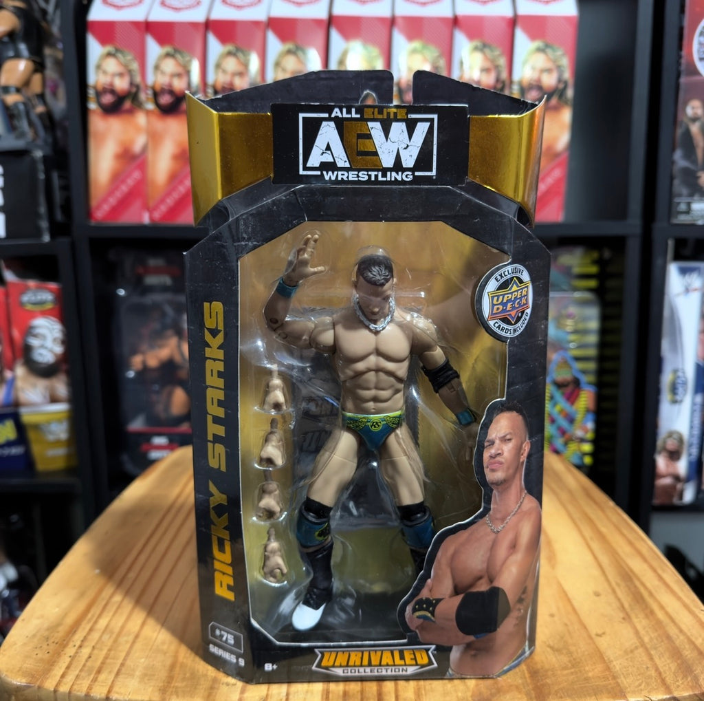 AEW Wrestling action figure in gold blister box with wrestler pose inside