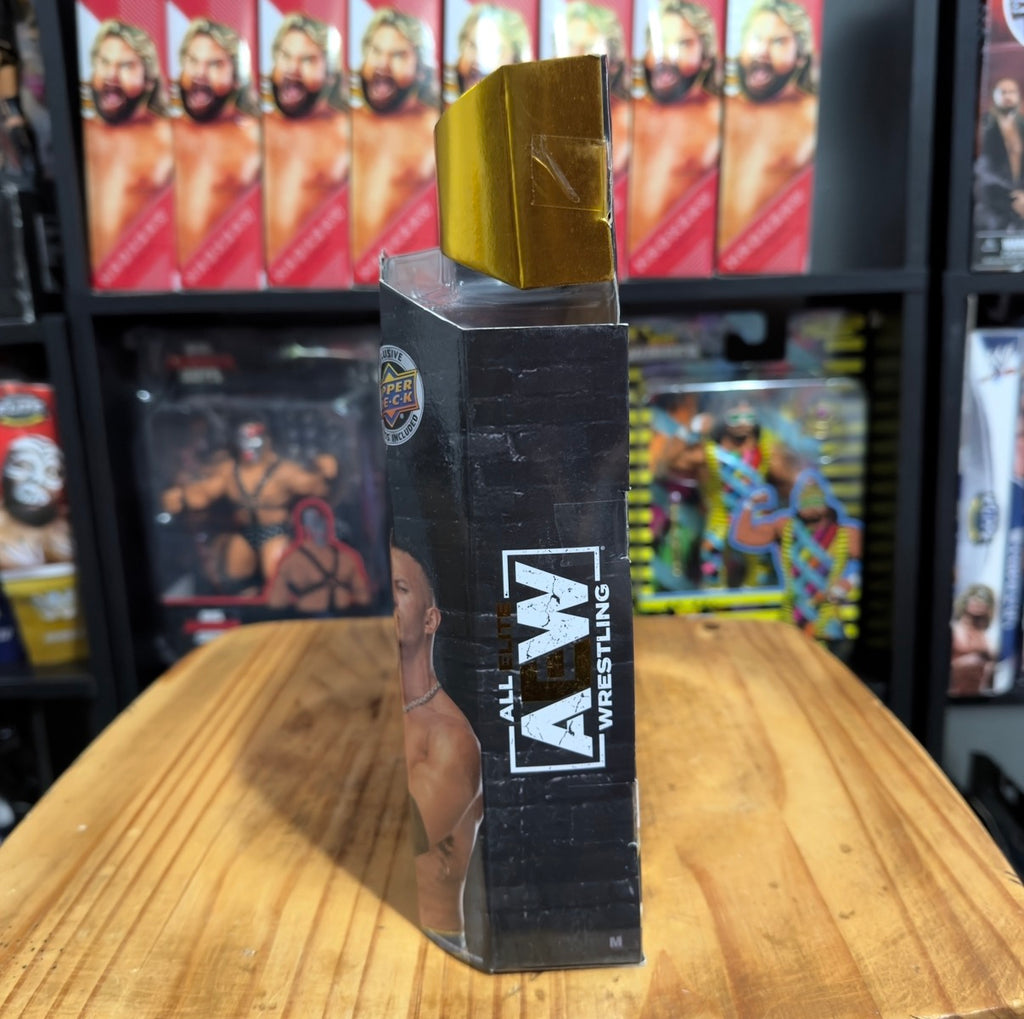 AEW Wrestling action figure blister box with vertical branding on clear plastic
