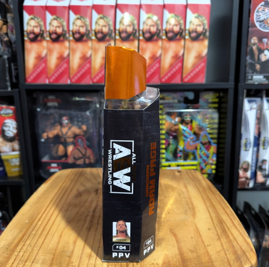 AEW wrestling figure packaging with vertical branding and PPV badge on front