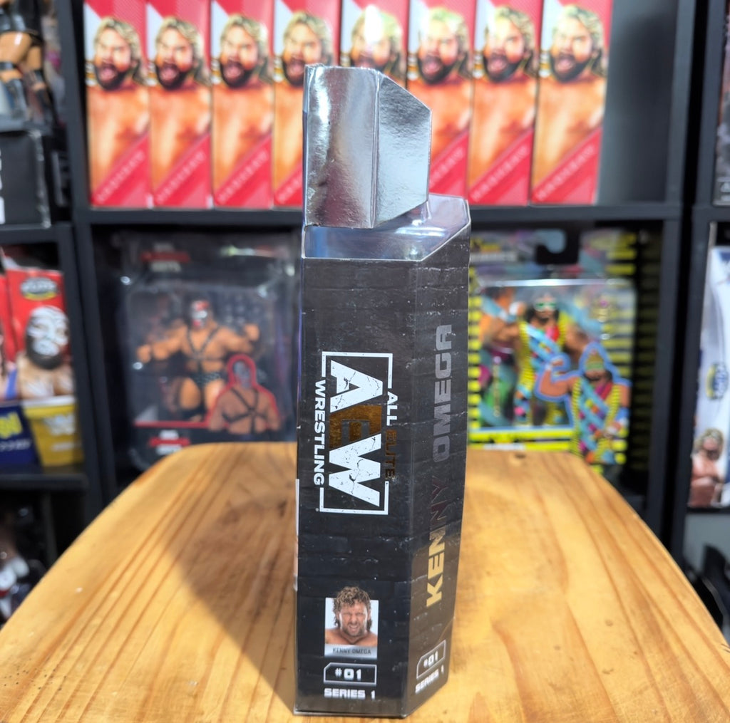 AEW Unmatched action figure packaging side panel with Kenny Omega branding