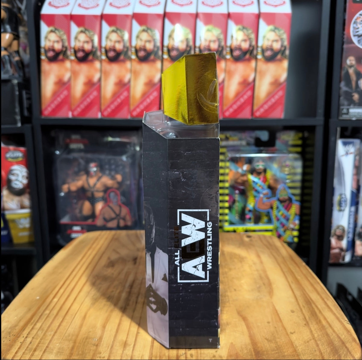 AEW wrestling figure box front with AEW logo on black packaging