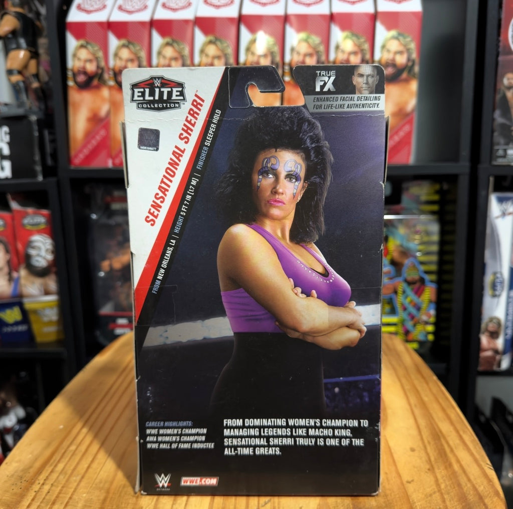 WWE Elite action figure box back with Sherri in purple top, side pose