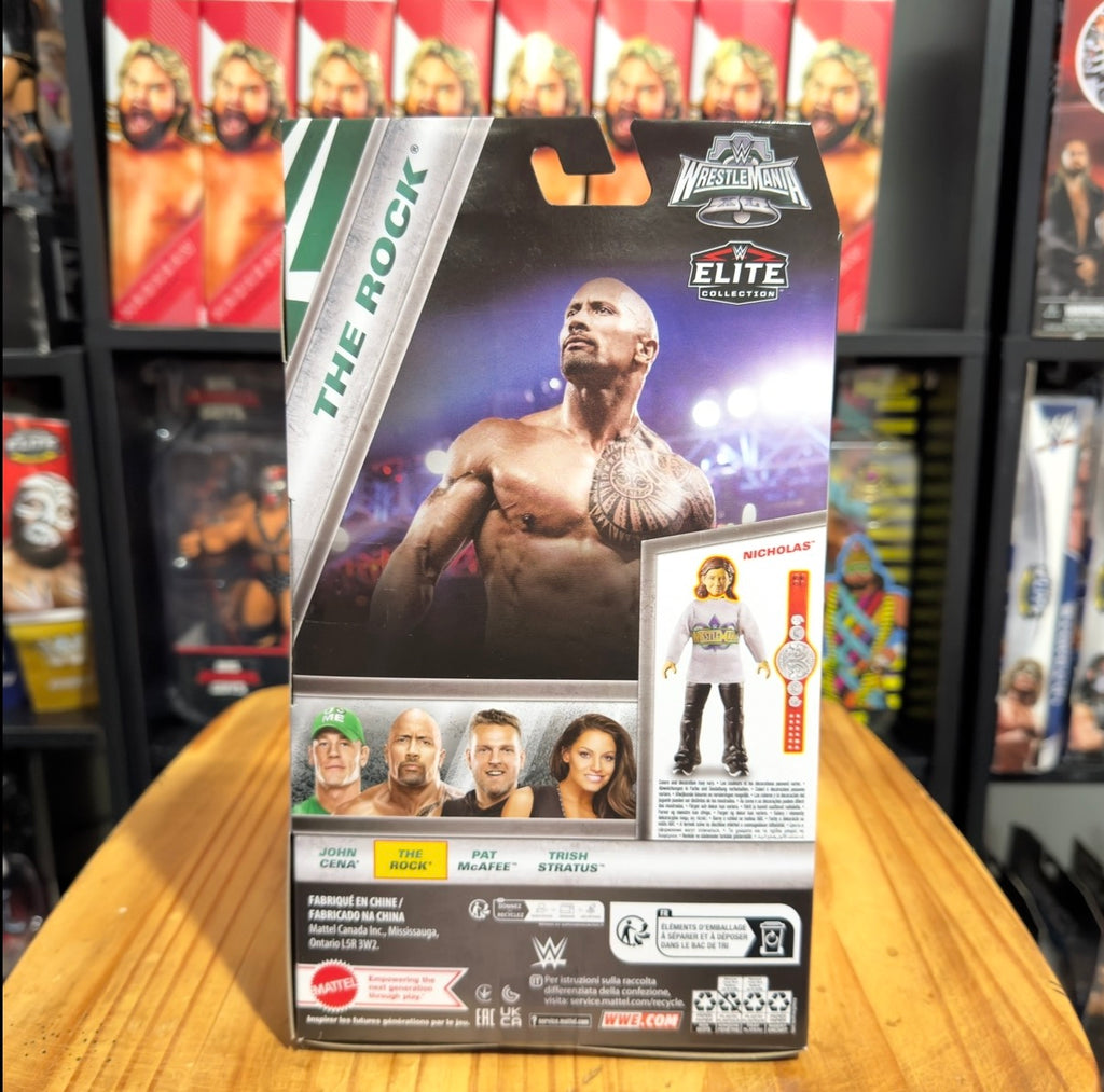 WWE Elite Collection WrestleMania 35 The Rock action figure box, back side details