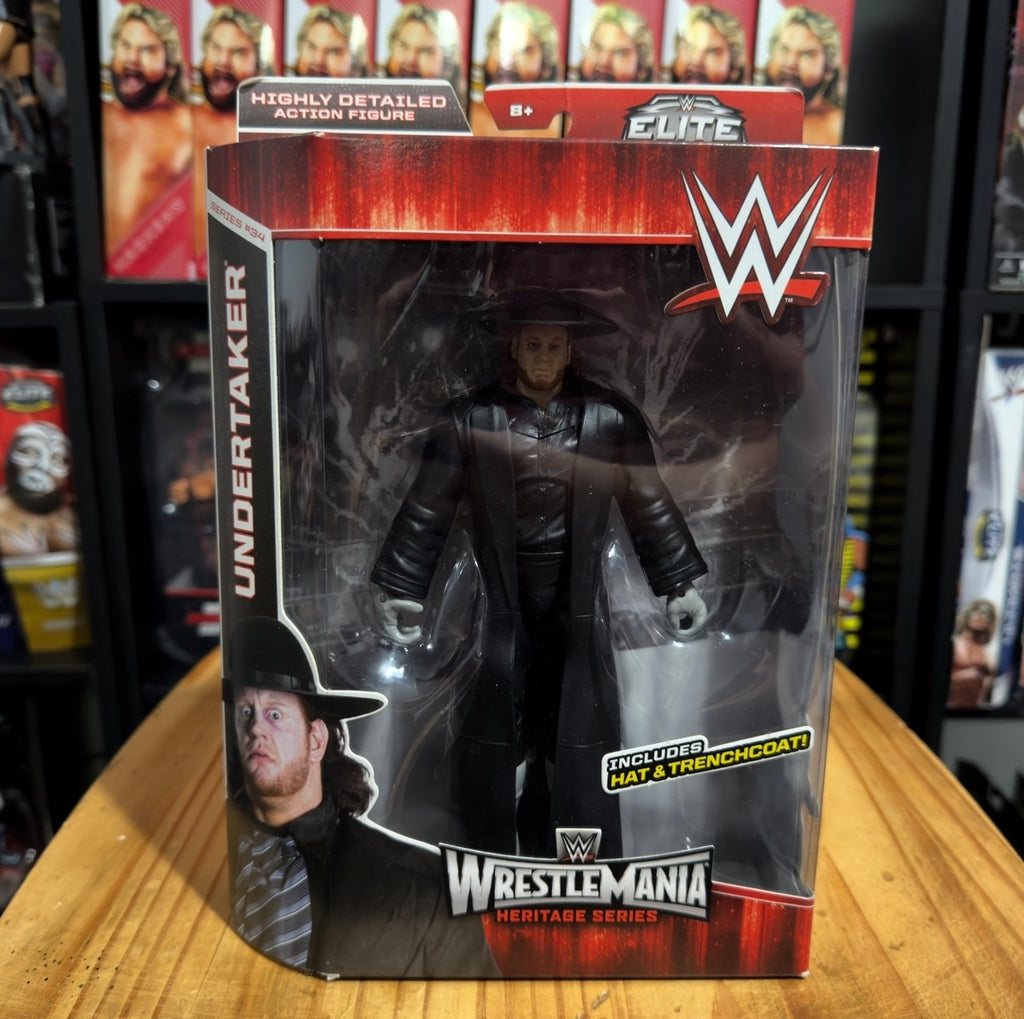 WrestleMania Heritage Series Undertaker action figure in front window box, posed hands
