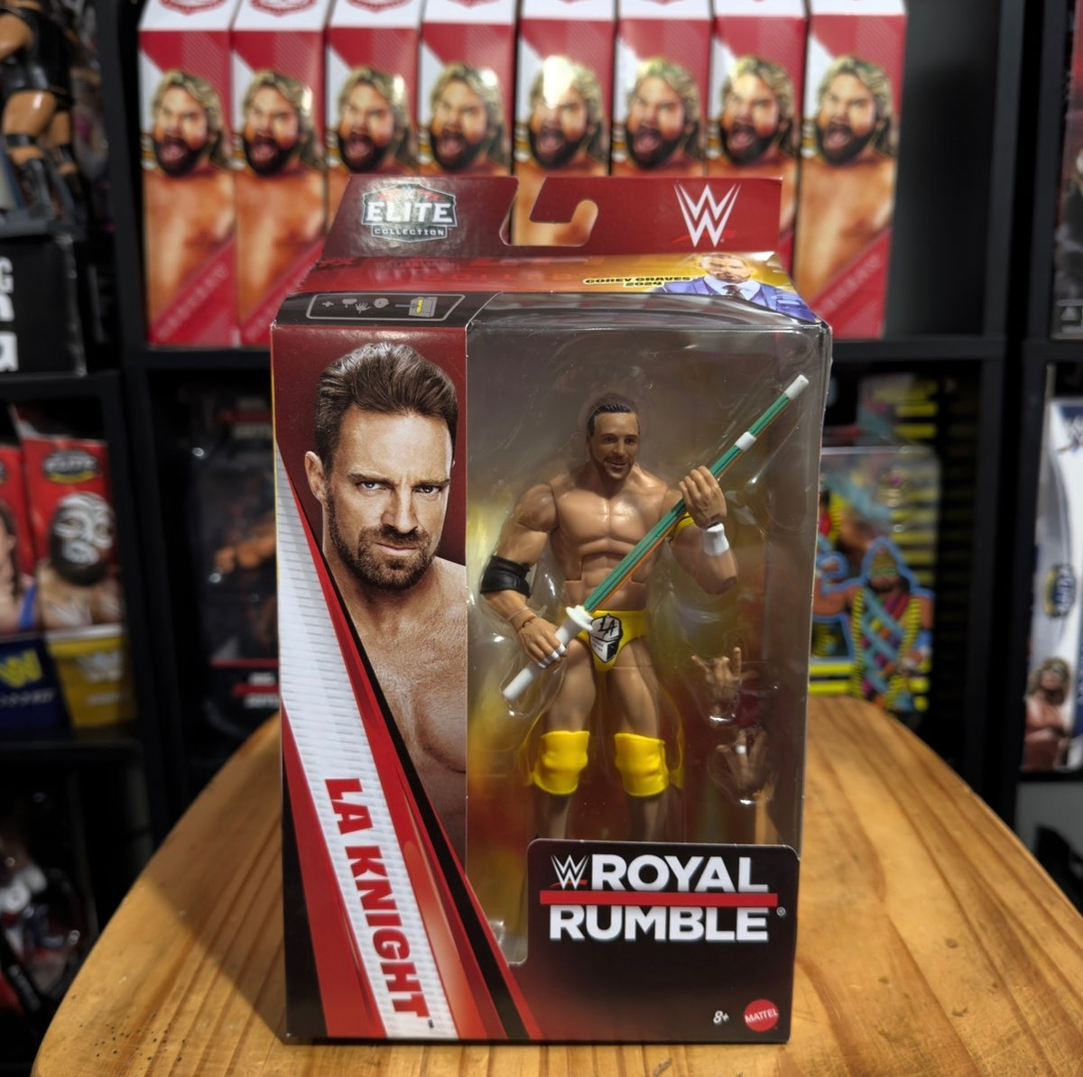 WWE Royal Rumble Elite LA Knight action figure box showing figure with green accessory