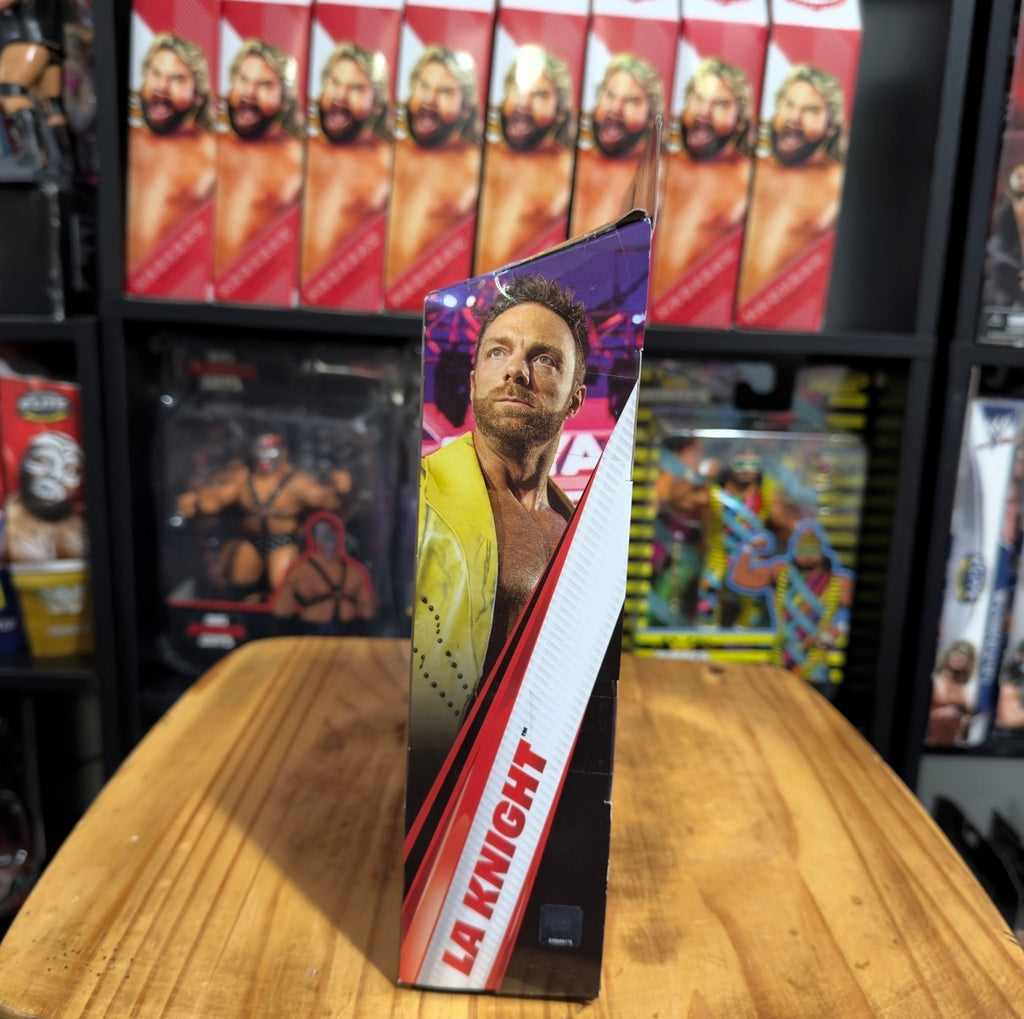WWE Elite action figure box with LA Knight portrait on side panel