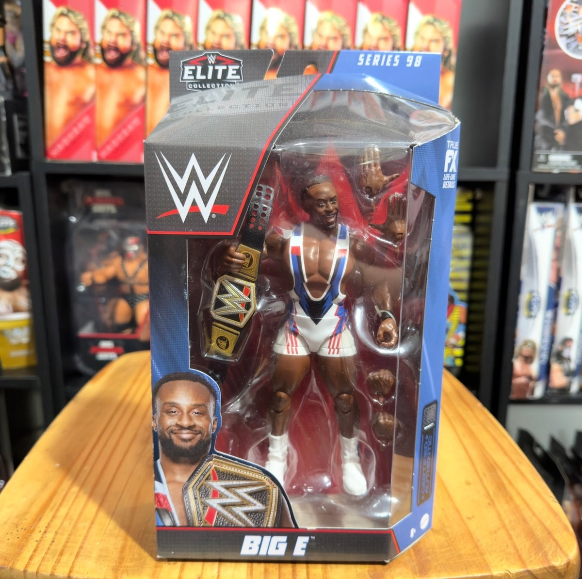 WWE Big E Elite Series 98 action figure in blue box showing Big E inside