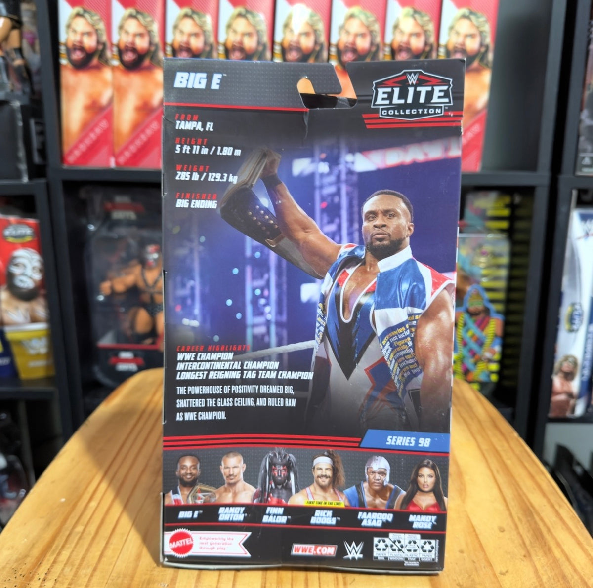 WWE Big E Elite Series 98 back of retail box with wrestler pose and stats