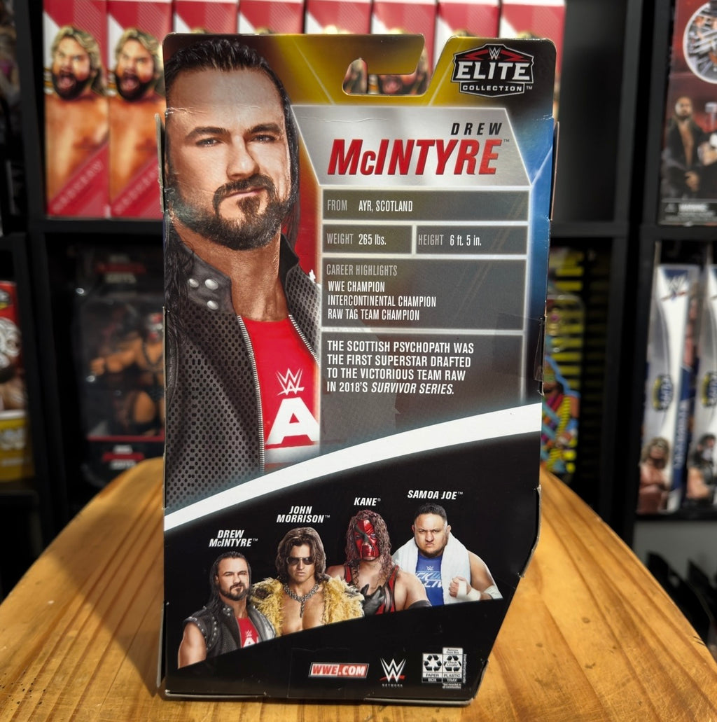 Drew McIntyre WWE Elite Survivor Series box with character portrait and stats panel