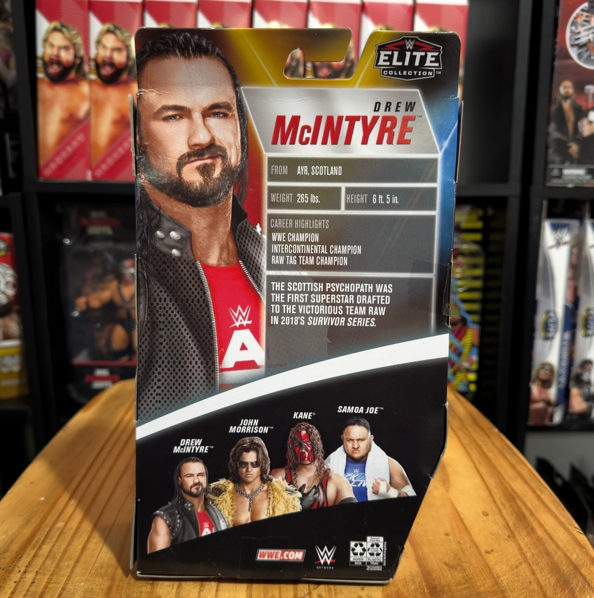 Drew McIntyre WWE Elite Survivor Series box with character portrait and stats panel