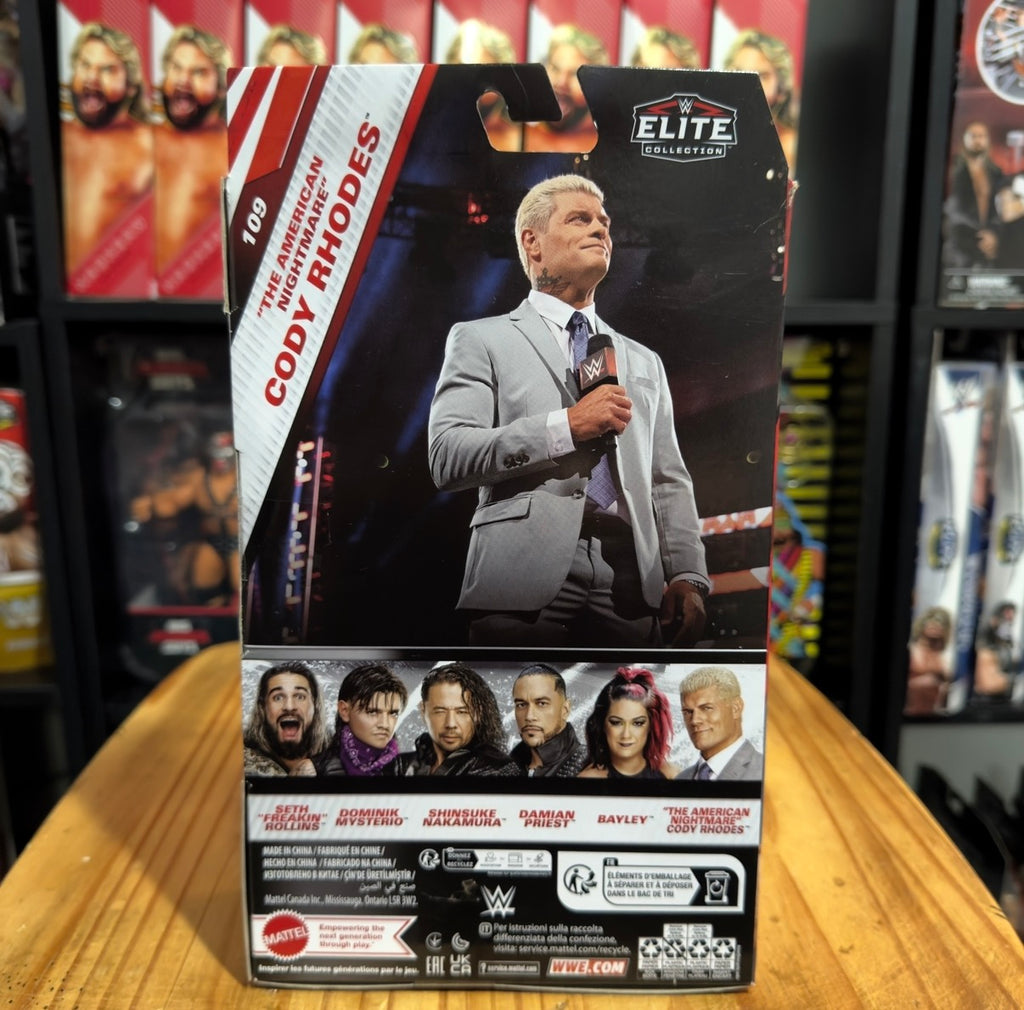 WWE Elite Collection Cody Rhodes action figure box with Cody photo and product details