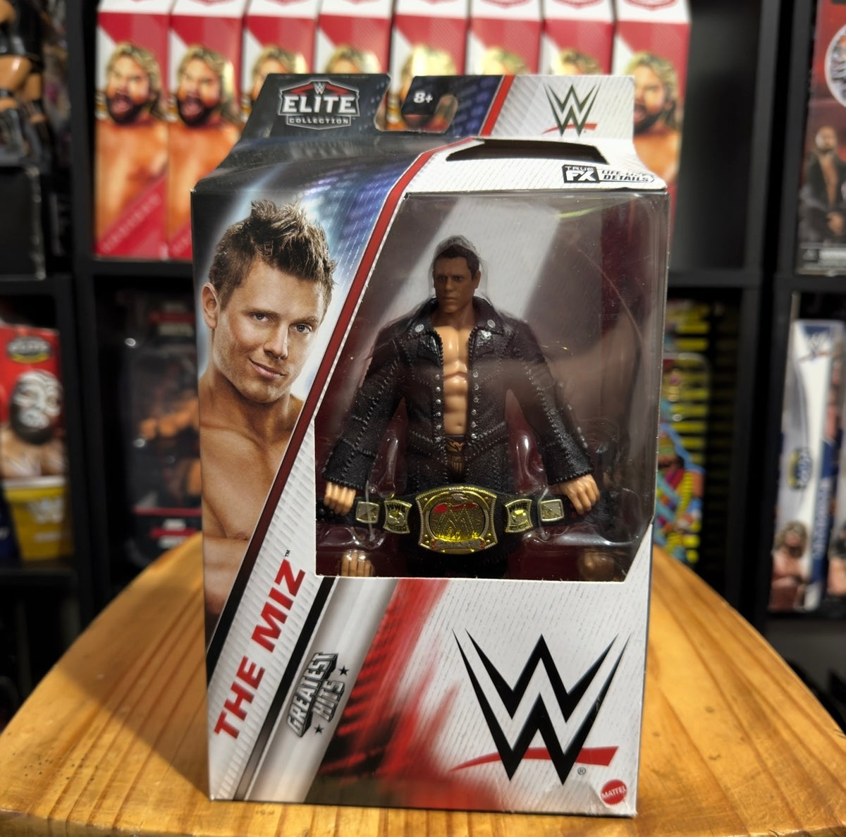 WWE Elite The Miz action figure box front, window with dressed wrestler and championship belt.
