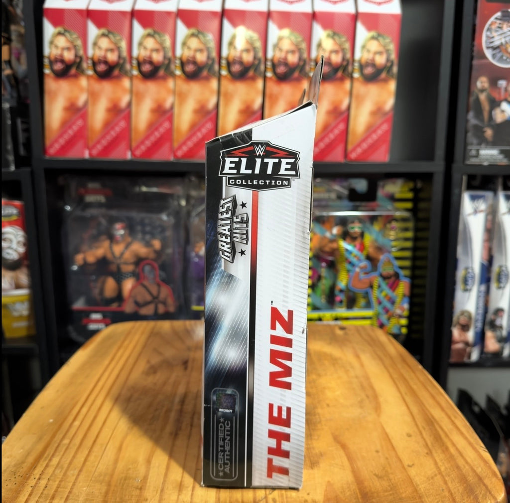 WWE Elite action figure box side, “The Miz” red vertical text and WWE logos.