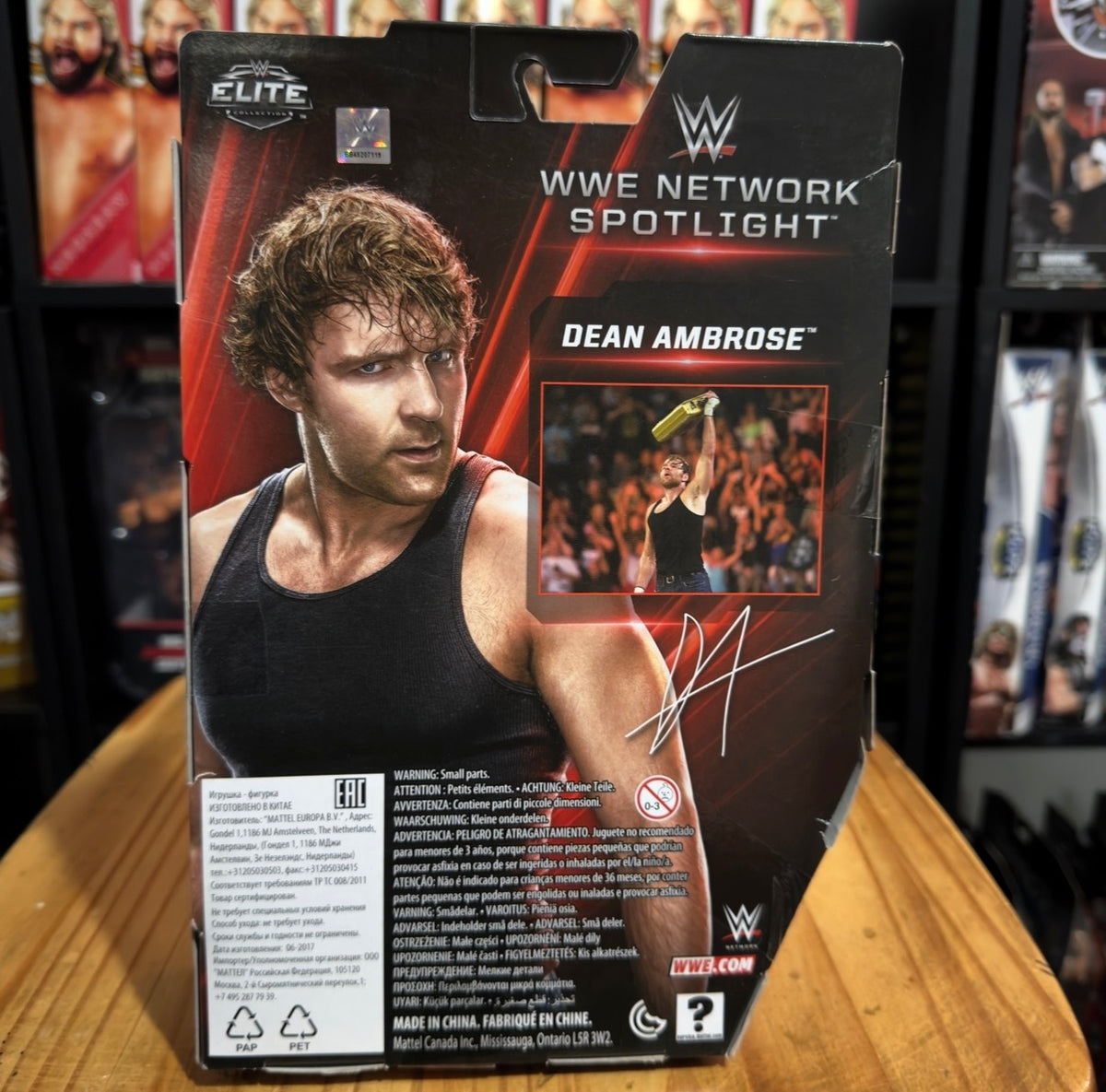 WWE Network Spotlight Dean Ambrose Elite action figure box, back with feature panel