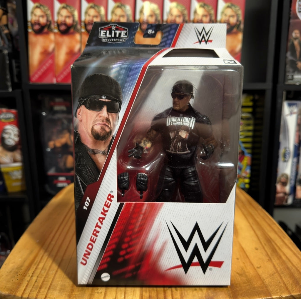 Undertaker WWE Elite action figure in front packaging with black outfit and hat