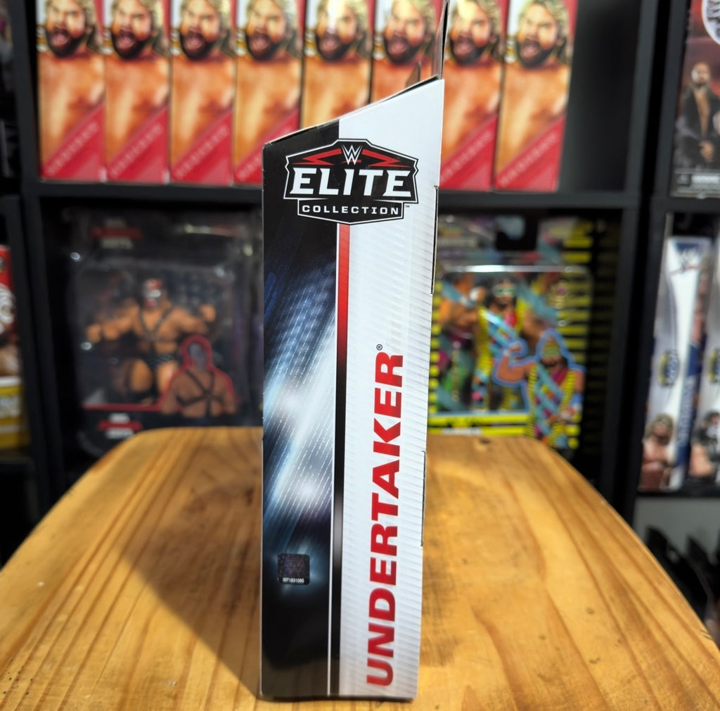 Undertaker WWE Elite action figure box side with vertical red and white branding