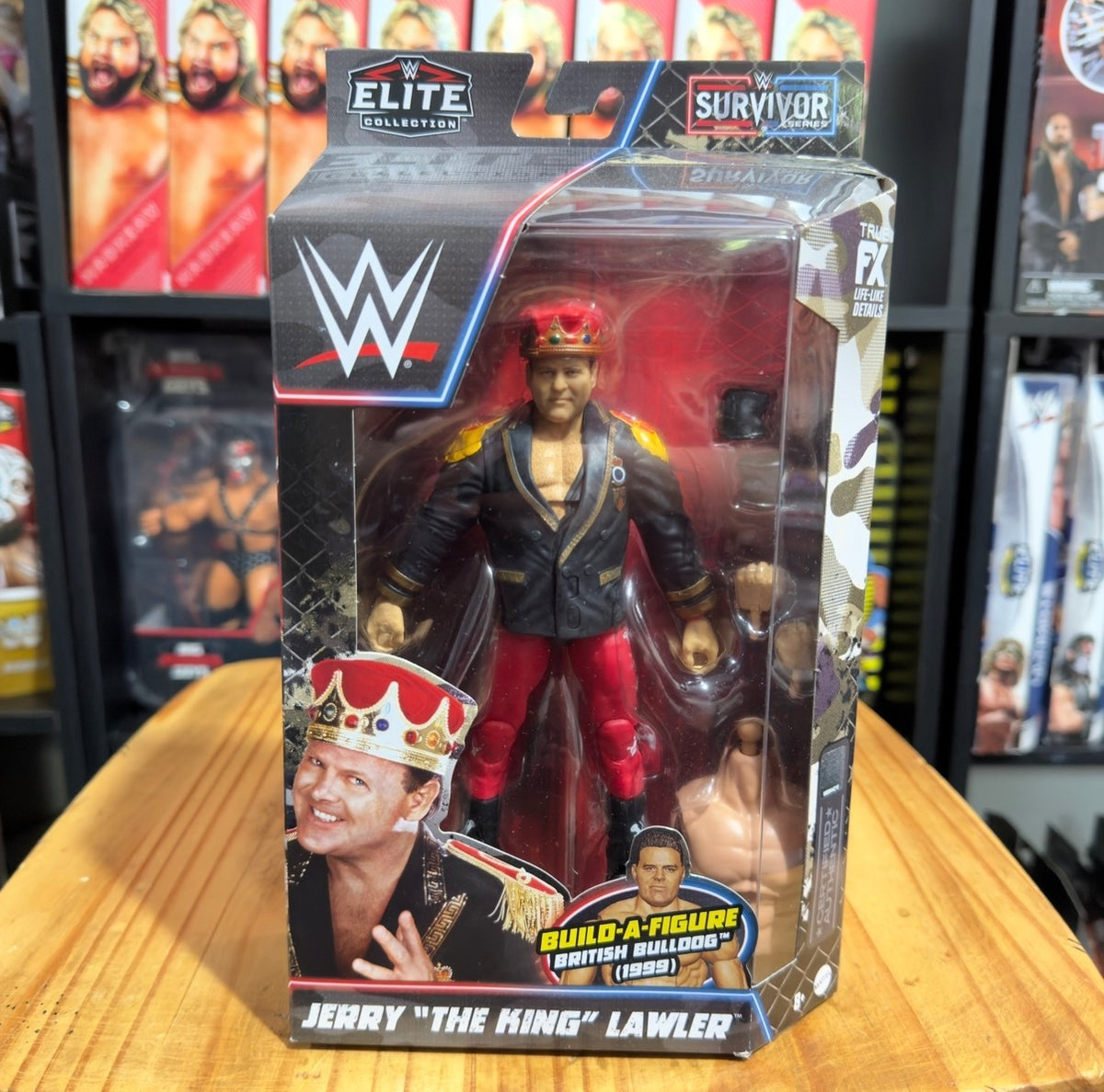 WWE Elite Survivor Series action figure in box showing red-clad Jerry Lawler pose